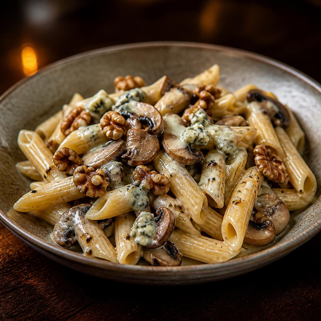 Penne con funghi, noci e Gorgonzola